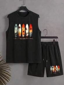 Conjunto de camiseta de tirantes de cuello redondo y pantalones cortos casuales de verano para hombre - Negro - Ver 5