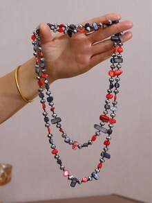 European And American Creative Cross-Border Hot-Selling Bohemian Colorful Shell Glass Multi-Layer Long Necklace Sweater Chain For Women - Gray + Red - View 4