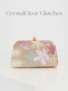 Bolso de mano cruzado elegante y brillante con parches de hojas y flores multicolor, bolso cuadrado mini vintage con cadena, adecuado para fiestas, estudiantes universitarias, mujeres de car - Rosa Fucsia - Ver 1