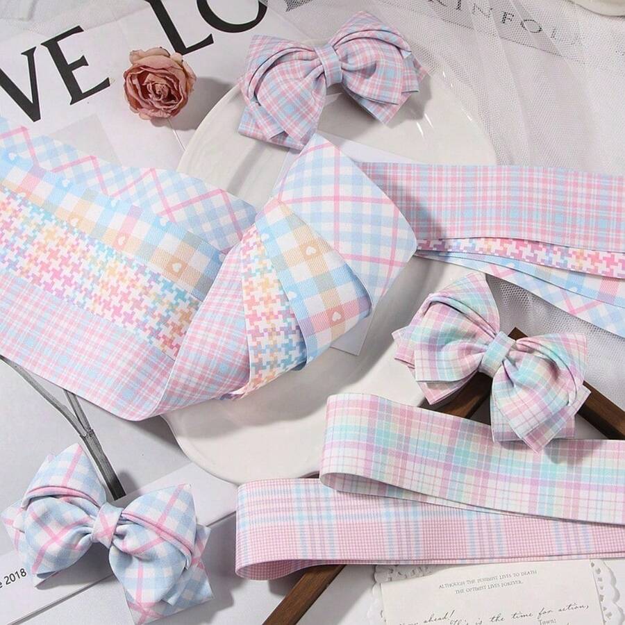 Bicolor Plaid Printed Ribbon, Handmade Bow DIY Hair Accessories, Clothing Supplies, Gifts, Floral Ribbon