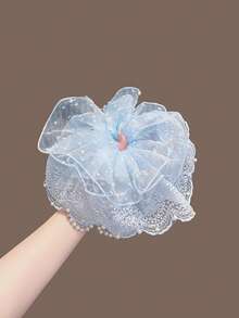 1件溫柔豆沙粉雙層刺繡網紗珍珠蕾絲大腸圈髮圈，女款仙氣精緻彈性髮帶，法式輕奢甜美風，適合日常通勤、溫柔約會、宴會派對、草地婚禮，氛圍感十足重工面料髮飾 - 彩色 - 查看 7