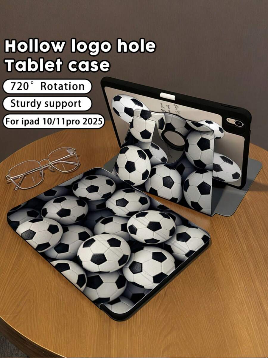 1 Piece: Black And White 3D Soccer Ball Print Acrylic Rotating Stand Case, Suitable For IPad 11 A16/10/9/8, Air 11 2026 (M4), Pro 11 2025, Full-Coverage Shockproof Corner Protection, Supports Automatic Wake/Sleep, Unisex, Suitable For Office/Study/Gift, Multi-Angle Support, Non-Magnetic Protective Case. - Black - View 1
