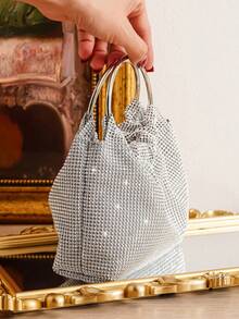Borsa da sera con decorazione in strass scintillanti, borsa con manico ad anello doppio, borsa da festa, borsa per telefono, borsa per rossetto, borsa alla moda versatile - Argento - Visualizzare 6