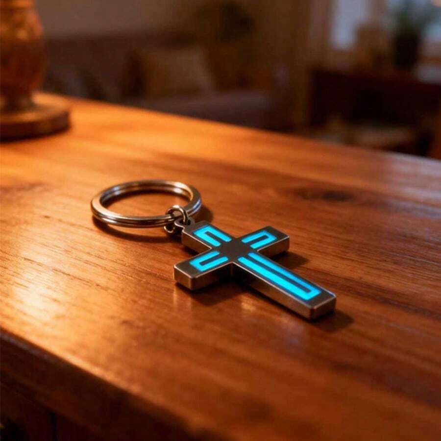 不鏽鋼螢光十字架鑰匙圈,耐褪色,男士酷炫個性化汽車背包吊飾禮物 - 銀色 - 查看 1