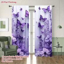 2 PIEZAS Cortinas Semitransparentes con Estampado Floral y Mariposa Púrpura. Bolsillo para Barra sin Taladro, Fácil de Instalar y Deslizar Suavemente. Tela de Poliéster, Secado Rápido, Lavable a Mano y a Máquina. Perfecto para Dormitorio, Sala de Estar, Decoración de Cocina y Divisores de Habitación. - Multicolor 1 - Ver 9