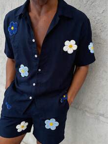 Men's Summer Beach Casual Fashion Set, Colorful Floral Summer Set, Simple Versatile Style - Navy Blue - View 7