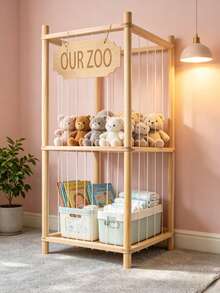 Jaula de almacenamiento de animales de peluche de madera, estantería organizadora de muñecas, estante de almacenamiento de juguetes para bebés para juguetes de peluche, ropa y libros, soporte de exhibición cuadrado para la habitación de los niños - Multicolor - Ver 1