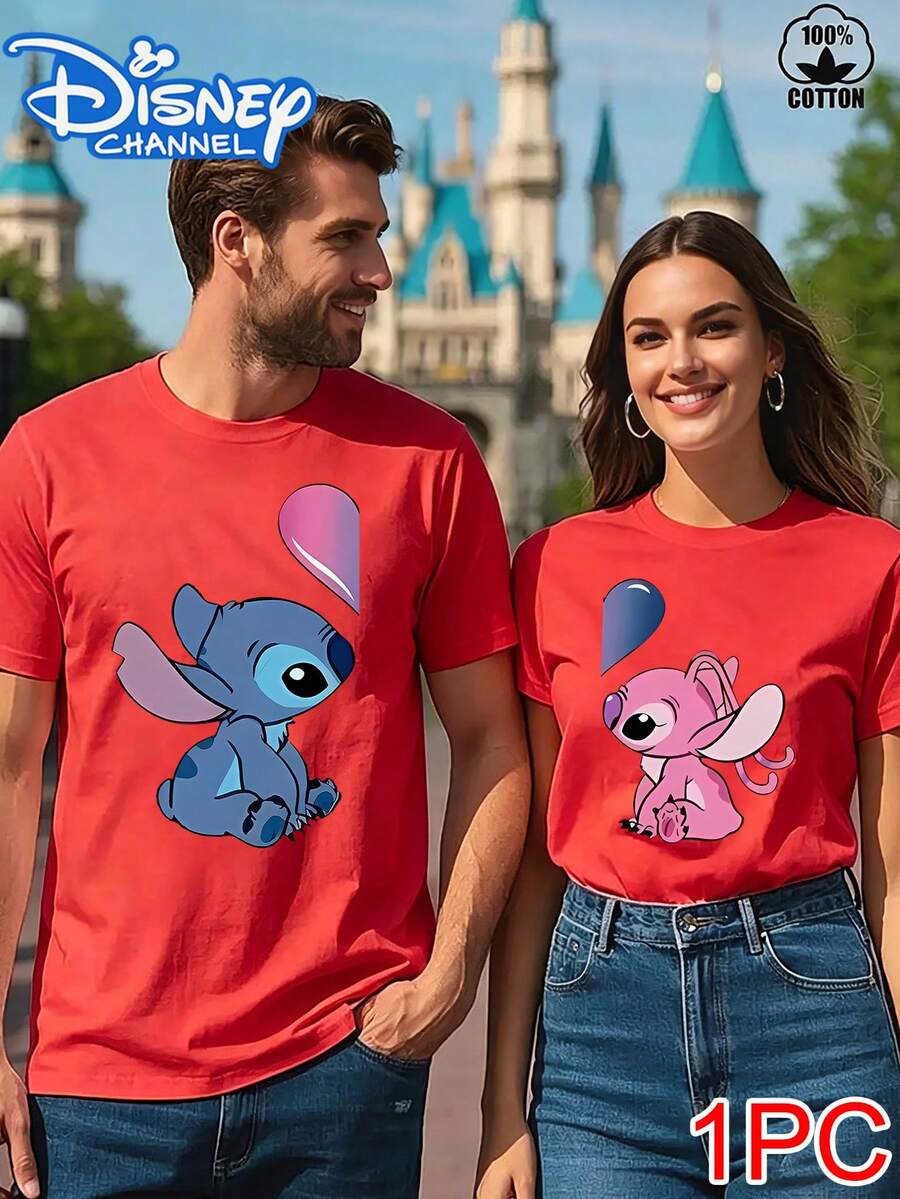 Disney Lilo & Stitch: Stitch And Angel Love Couple T-Shirt ,Family Matching Outfit,Disney Couple Outfits - 紅色1 - 查看 1