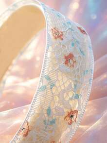 1件花卉印花白色蕾絲寬版髮箍，優雅鏤空花朵髮帶，適合女性 - 白色 - 查看 5