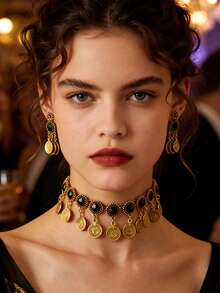 Bohemian Vintage Gold Colorful Crystal Jewelry Set, Sunflower Drop Earrings & Choker Necklace For Party - Round - View 4