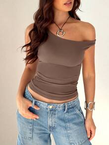 Solid Color Blouse With An Oblique Shoulder And Short Sleeves, Casual Style For Summer - Black and Green - View 1