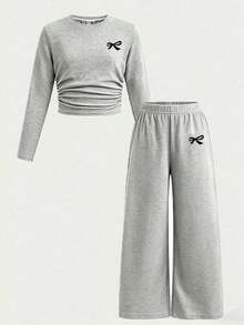 Young Girl Bow Pattern Print Long Sleeve Top And Loose Long Pants - Grey - View 2