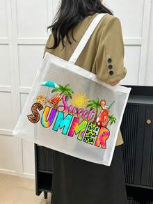 網格托特包套組，印有彩色「Sweet Summer」與遮陽扇、飲料、太陽、椰子樹圖案，網格化妝包，沙灘手提包，休閒度假包，可折疊大容量游泳沙灘包，化妝品收納包，夏季必備，適合學校、度假、假期和返校使用，送給朋友和老師的禮物，理想的返校季禮物 - 彩色 - 查看 6