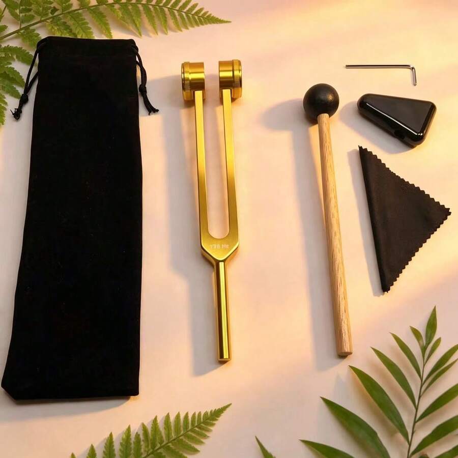 1 Set Gold Tuning Fork Set - Professional Ear Picking Tuning Fork Yoga Use Tuning Fork Training Set Gold Tuning Fork - 128Hz/256Hz/528Hz - Multiple Frequency Options Device Includes Black Mallet Stabilizer Comes With Cleaning Cloth Small Pouch Single Piece Combination - Gold - View 1
