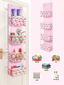 4-Tier Pink Cherry Pattern Hanging Wall Mount Storage Rack, Large Capacity Transparent Window, Suitable For Room, Bathroom, Wardrobe, Bedroom, Dorm, Can Store Diapers, Toys - Love Cherry-pink - View 1