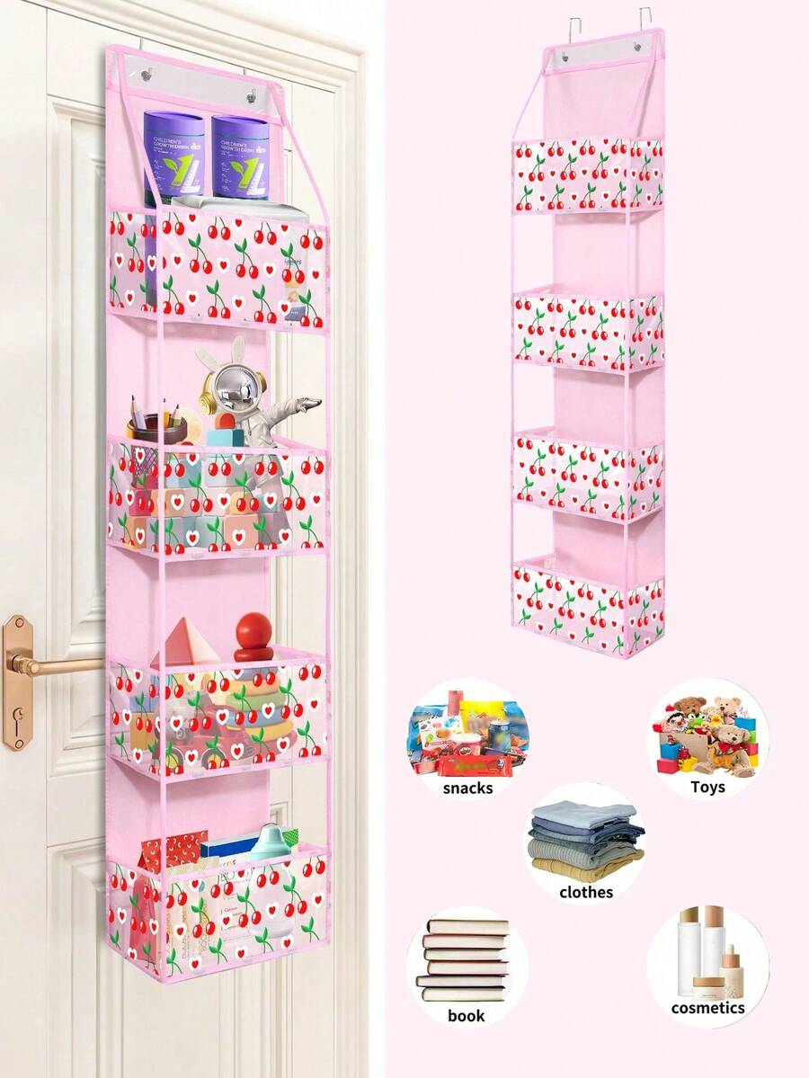 4-Tier Pink Cherry Pattern Hanging Wall Mount Storage Rack, Large Capacity Transparent Window, Suitable For Room, Bathroom, Wardrobe, Bedroom, Dorm, Can Store Diapers, Toys - Love Cherry-pink - View 1