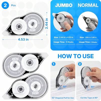 2 Pack Plus Correction Tape, Tear-Resistant White Correction Tape, No Dry Time, Easy To Use, Office And School Supplies, 0.2 In Wide, 98.4 Feet, Shell Core