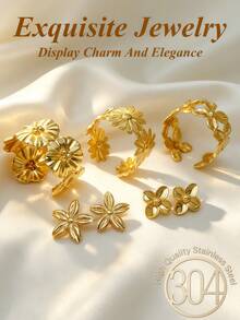 Juego de 5/9 piezas, Juego de joyas de acero inoxidable lujoso y elegante para mujer, Juego de joyas de tono dorado premium, Juego de pulsera y aretes minimalista de moda, Incluye aretes con forma de flor y hoja y pulsera con forma de flor, Varios estilos, Juego de aretes hipoalergénicos, Versátil y elegante, Opción de regalo perfecta para amigas en vacaciones. - Conjunto de joyas - Ver 4