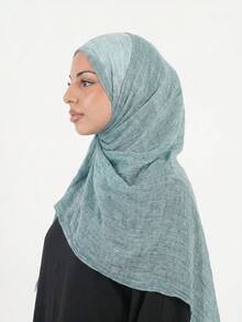 1pc Tie-Dye Arabic Hijab, Thin Solid Color Lightweight Casual Long Scarf Suitable For Daily Use, Ruffled Hijab - Mint Blue - View 3