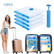 Grup Erik Juego de 12 bolsas de almacenamiento al vacío con bomba manual, que incluye 12 bolsas pequeñas, 12 medianas y 12 grandes. Estas bolsas de plástico rectangulares están diseñadas para ahorrar espacio y son perfectas para almacenar ropa y ropa de cama, lo que las hace ideales para viajar - transparente - Ver 2
