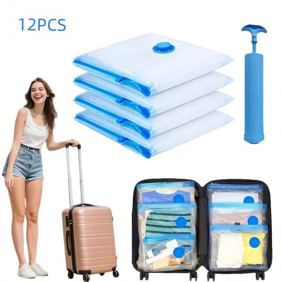 Grup Erik Juego de 12 bolsas de almacenamiento al vacío con bomba manual, que incluye 12 bolsas pequeñas, 12 medianas y 12 grandes. Estas bolsas de plástico rectangulares están diseñadas para ahorrar espacio y son perfectas para almacenar ropa y ropa de cama, lo que las hace ideales para viajar