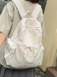 Dedoo 休閒後背包，日常使用後背包，純色尼龍材質，附蝴蝶結抽繩，多口袋設計，極簡風格，適合學生上學與日常出遊 - 白色 - 查看 4