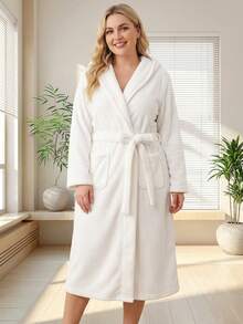 1pc White Plus Size Bathrobe Unisex Bathrobe Lapel Long Robe Solid Color Long Sleeve Loungewear Thick Coral Fleece Soft Absorbent Shower Hotel Pool Spa Couple Pajamas - White - View 6