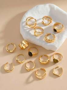 15pcs/Set Vintage Chunky Gold Stacking Ring Set Bohemian Faux Brown Stone Geometric Knuckle Rings Y2K Joint Jewelry - Gold - View 5