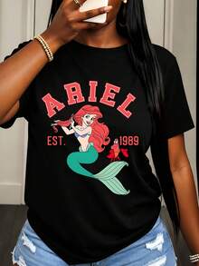 Disney Ariel Mermaid And Flounder Print T Shirt Women Casual Summer Fashion Streetwear Style Top - 黑色 - 查看 1