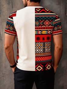 Men's Bohemian Style Retro V-Neck T-Shirt With 3D Full Printed Half Side Pattern Design, Fashionable And Printed - Multicolor - View 6