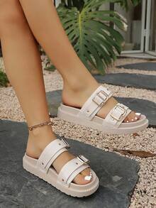 2026 New Metal Buckle Thick Sole Sandals Women's Crocodile Pattern Non-Slip Beach Slides - Beige - View 5