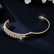 1pc Elegant Exquisite Double Row Patchwork Heart Full Zirconia Inlaid Design Bracelet For Women, Asymmetrical Inlaid Anniversary Confession Party Gathering Exquisite Jewelry - Bracelet - View 8