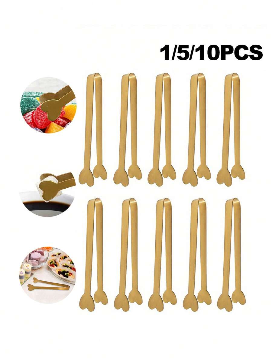 1/5/10个装不锈钢心形糖夹，厨房烹饪夹，糖果甜点夹，派对餐具，婚礼餐具 - 金色 - 查看 1