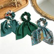 3pcs Set Satin Solid Color Headscarf Triangular Shawl, Hair Accessories - Dark Green - View 11