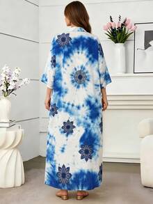 Middle Eastern Muslim Elegant Batik Notched Neck Abaya Dress For Women - Blue - View 4