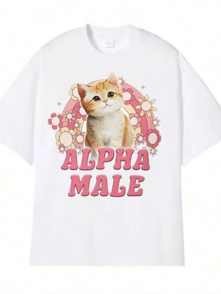 Women's Cotton T-Shirt, Rainbow Kitten Print With Pink Text, Cute Casual Style, White Color - Putih - View 1
