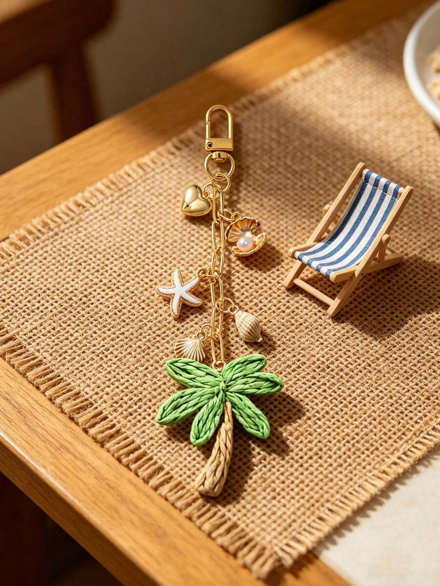 Handmade Woven Coconut Tree Pendant With Shell And Starfish Elements, Bohemian Vacation Style. Woven Rattan Pendant, Alloy Ocean Pendant, Hawaiian Style. - Multicolor - View 1