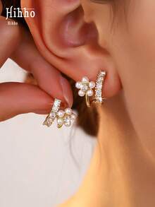 Hihho 1 Pair Gentle French Style Luxury Exquisite Pearl Flower With Zirconia C-Shaped Hook Design Pearl Flower Zirconia Stud Earrings, Elegant Jewelry For Women Suitable For Commuting And Daily Wear - Flower - View 7