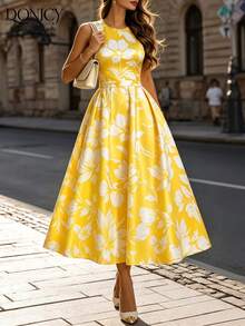 DONICY Women's Yellow Floral Sleeveless A-Line Dress, Casual Round Neck Vacation Wear - Yellow - View 6