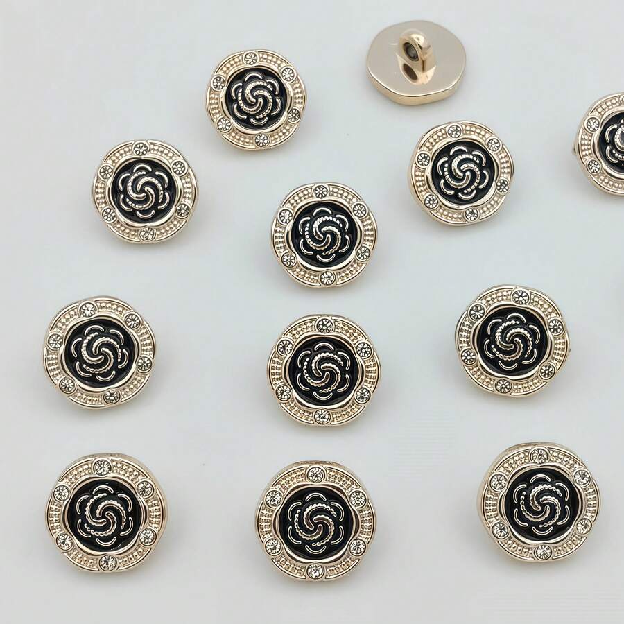 15 Stück/1,8 cm modische personalisierte minimalistische vielseitige runde schwarze & goldene Strass-Kunststoffknöpfe, luxuriöse goldene Blumen-Geometrie-Muster-Knöpfe, europäischer & amerikanischer Stil hochwertig vintage elegant vielseitig Strass-goldrandige Knöpfe, hochwertige DIY-Nähknöpfe