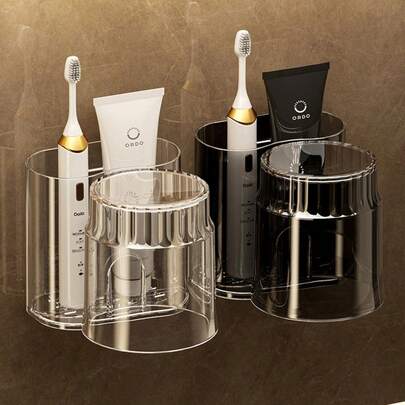 1pc No-Drill Toothbrush Holder Bathroom Wall-Mounted Shower Gel Wash Liquid Cosmetic Rack Toothpaste Toothbrush Cup Holder Bathroom Accessories Bathroom Hanging Decor