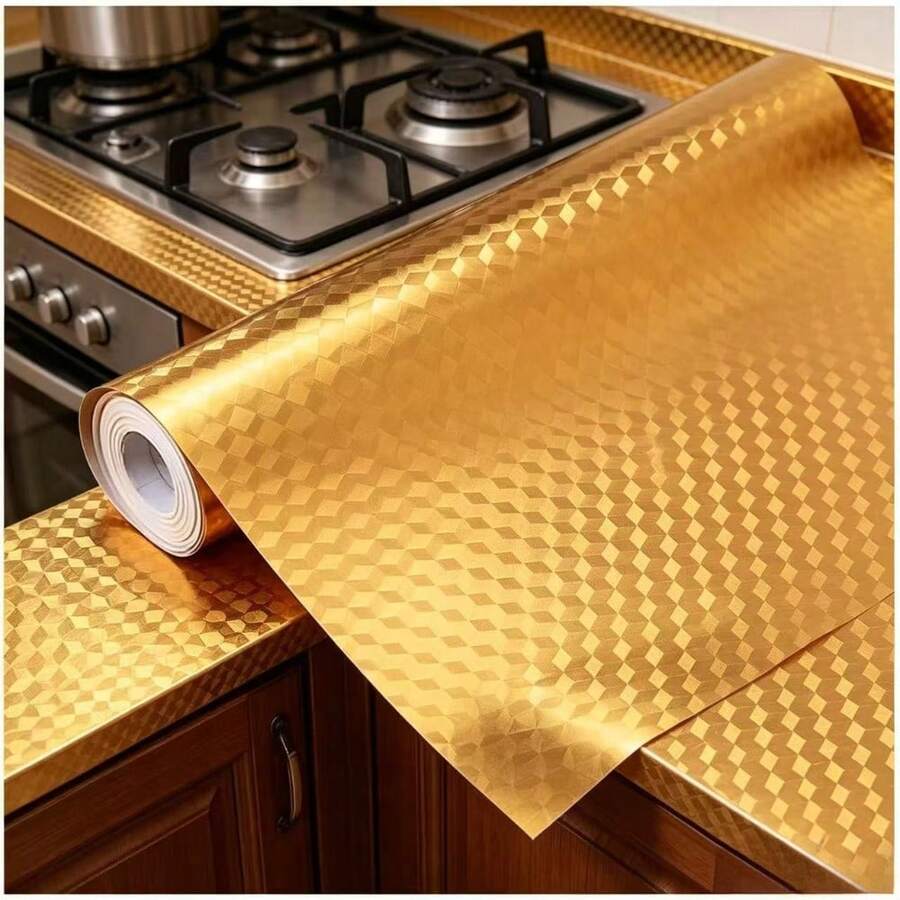 1Roll Waterproof Oilproof Gold Aluminum Foil Peel & Stick Contact Paper Removable Self-Adhesive Wallpaper Kitchen Counter Cabinet Drawer Decor