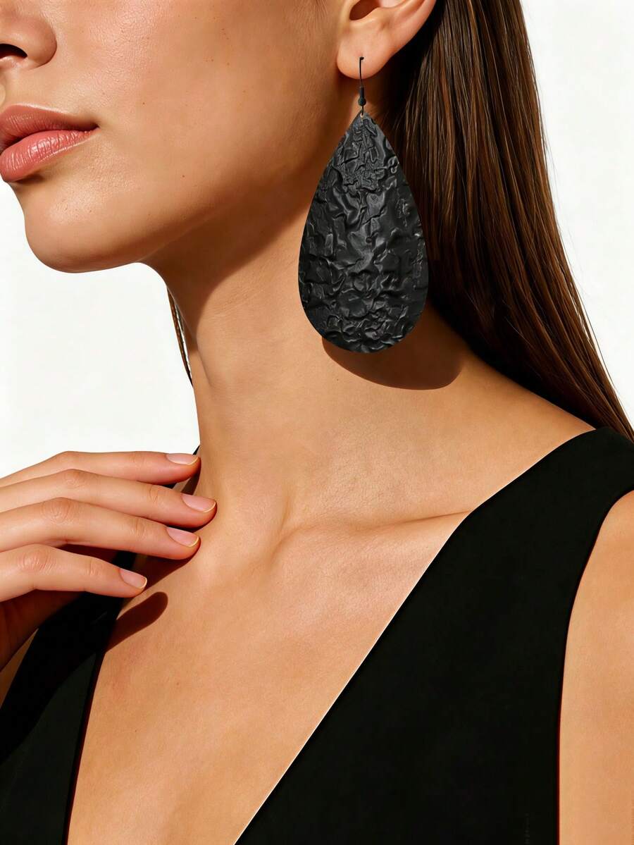 1 Pair Women's Fashion Minimalist Versatile Oversized Geometric Round Mesh Metal Texture Pendant Earrings - Black Water Droplets - View 1
