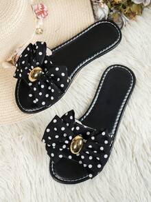 1 Pair Summer European & American Style Sweet Fashion Round Toe Women's Buckle Handmade Woven Bow Flat Slide Sandals - Black Floral Pattern - View 3