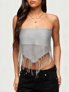 Women Belly Dance KnittingTassel Hip Scarf Triangle Belt Wrap Skirts Music Festival Sheer Mesh Waist Chain - 灰色 - 查看 3