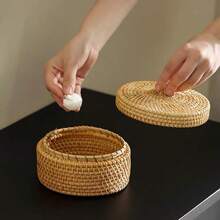 1pc 5.51*3.54 Inch Woven Drum-Shaped Storage Box With Lid, Japanese Style Bedroom Bedside Desk Mini Trash Can With Lid, Household Living Room Tea Table Woven Remote Control, Tea Canister, Nut Storage Basket - View 10