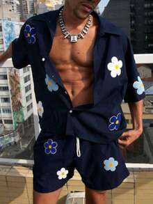 Men's Summer Beach Casual Fashion Set, Colorful Floral Summer Set, Simple Versatile Style - Navy Blue - View 5