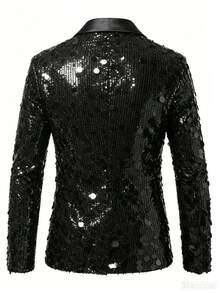 Men's Shiny Sequin Satin Lapel Blazer, Bar Nightclub Singer Stage Performance Formal Suit Jacket, Party Banquet Suit - Black - View 3