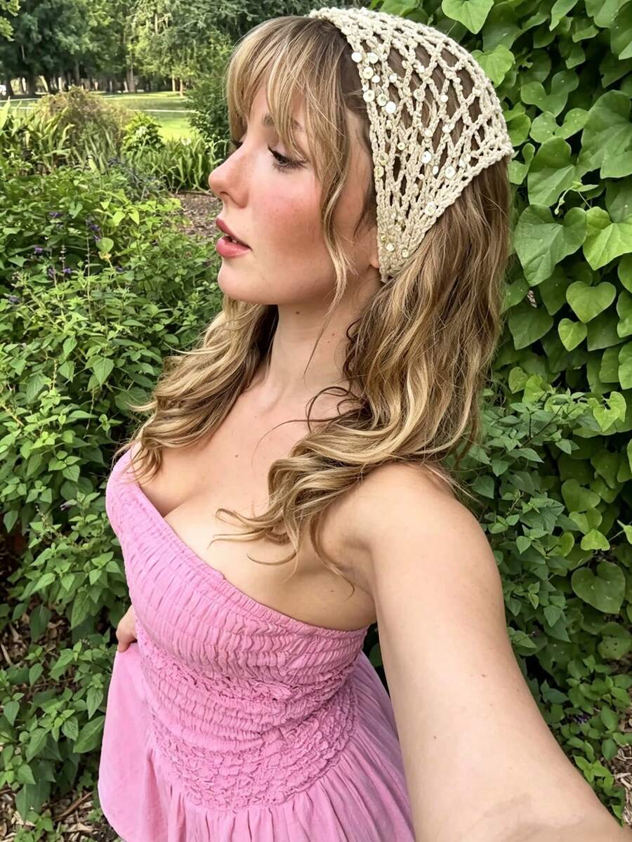 Sequin Sexy Women's TieTriangle Scarf, Versatile , Desert, Y2K, Street, Daily, Festival Party, Hair Accessories Summer Women Bandanas Beach Hair Bands - Beige - View 1