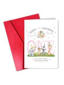 1 pièce "Happy 1st Birthday" Carte d'animal de safari avec enveloppe, design de jungle à l'aquarelle, carte de vœux pour le 1er anniversaire de la petite-fille, cadeau de célébration de jalon, intérieur vierge - Voir 9